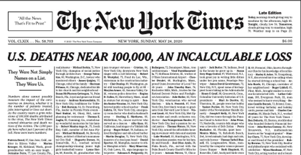 New York Times | Το πρωτοσέλιδο αφιερωμένο στους νεκρούς από τον COVID-19
