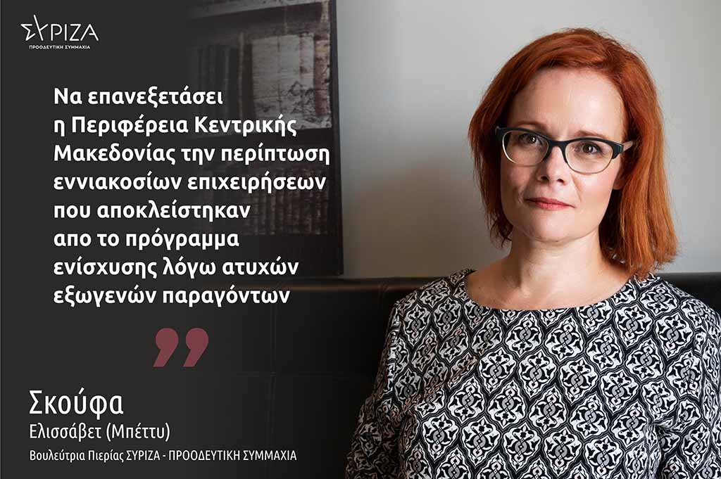 Σκούφα: «Ζητείται άμεση λύση για τον αποκλεισμό 900 επιχειρήσεων της Κεντρικής Μακεδονίας από το πρόγραμμα ενίσχυσης μικρών επιχειρήσεων, λόγω ατυχών εξωγενών παραγόντων»