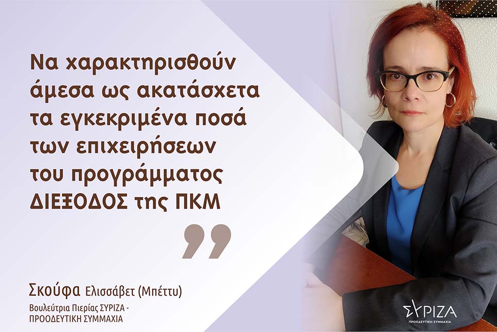 Σκούφα: «Να χαρακτηρισθούν άμεσα ως ακατάσχετα τα εγκεκριμένα ποσά των επιχειρήσεων του προγράμματος ΔΙΕΞΟΔΟΣ της ΠΚΜ»